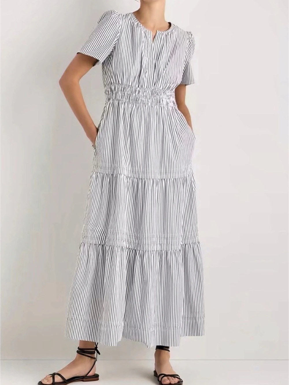 Quince 100% Organic Cotton Poplin Tiered Maxi Dress Black & White Stripe Large